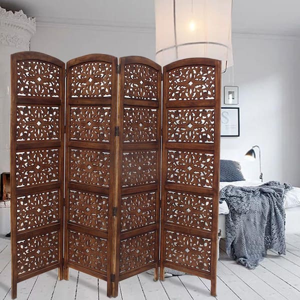 Handmade Foldable 4-Panel Brown Wooden Partition Screen Room Divider