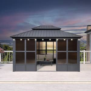 12ft.x 14ft. Patio Hardtop Gazebo Double Top Screen House Aluminum Solarium Backyard Sunroom, 24-LED String Lights, Gray