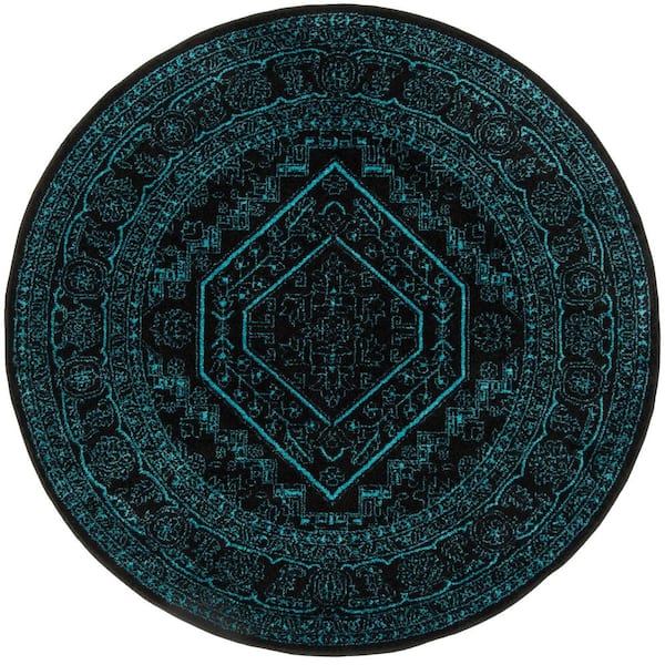 SAFAVIEH Adirondack Black/Teal 6 ft. x 6 ft. Border Medallion Round Area Rug