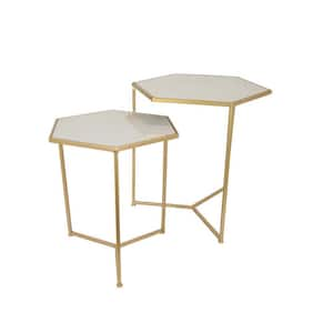 23.25 in. White and Gold Hexagonal Marble Plant Stand with 1 Tier (Set of 2)