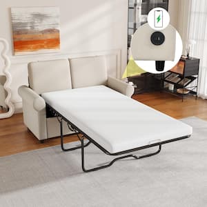 57.4 in. Beige Velvet Twin Size 2-Seat Pull Out Sleeper Sofa Bed with Twin Mattress Pad, 2 USB Charging Ports