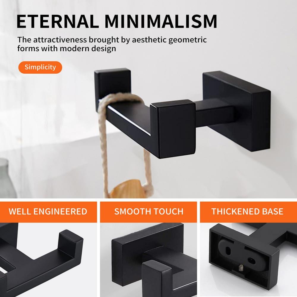 Matte Black Square Double Robe and Towel Hook Set