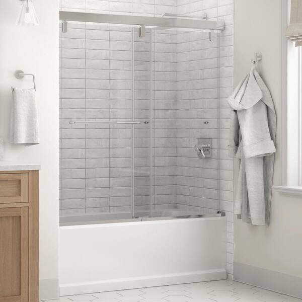 Everly 60 in. x 59-1/4 in. Mod Semi-Frameless Sliding Bathtub Door in Chrome and 1/4 in. (6mm) Mozaic Glass