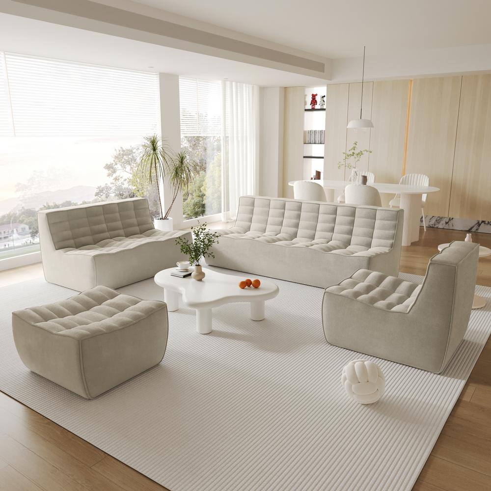 82.68 in. Armless 4-piece Linen Polyester Modular Free Combination Lazy Sectional Sofa in Khaki with Ottoman