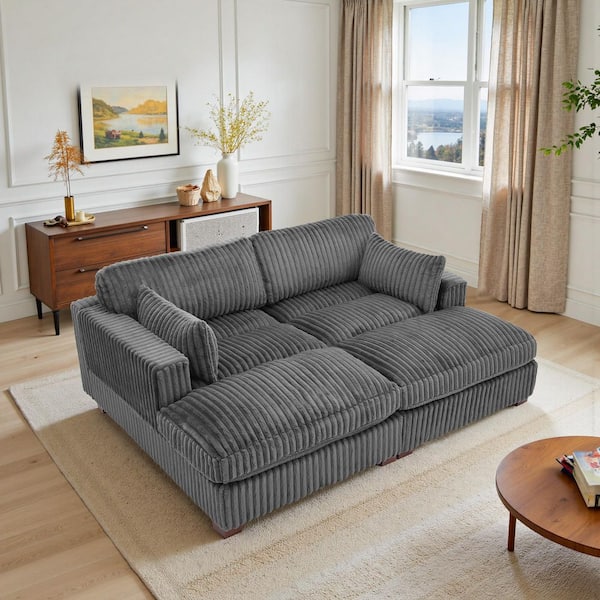 82.72 in. Modern Square Arm Faux Rabbit Fur Fabric Upholstered Sectional Sofa in. Gray