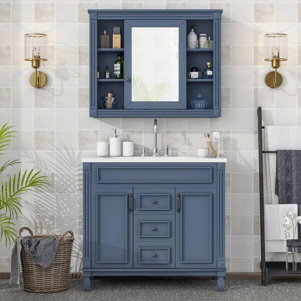 Bnuina 35.1 in. W x 18.1 in. D x 34 in. H Freestanding Bath Vanity in Royal Blue with White Resin Top Sink with Mirror Cabinet