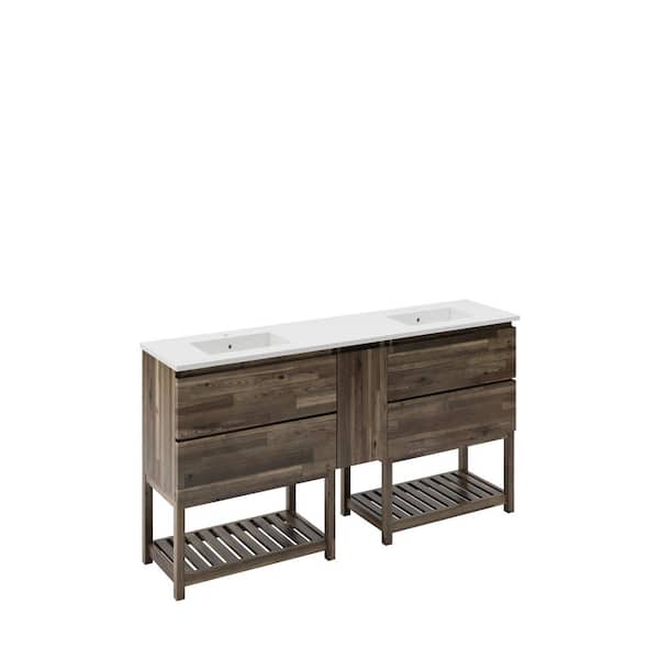 Fresca Formosa 60 in. Double Sink Freestanding Open Bottom Acacia Bath Vanity with White Quartz Top and Undermount Ceramic Sink