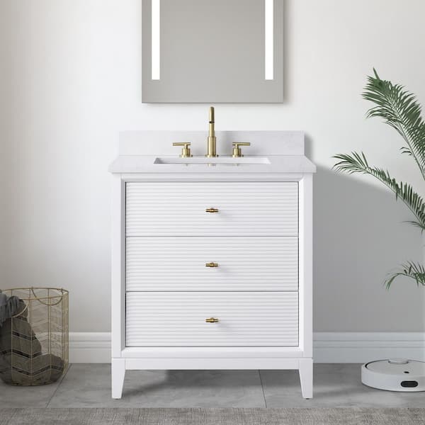 30 in. W x 34 in. H Single Sink White Bath Vanity Cabinet with Arabescato White Engineered Marble Top