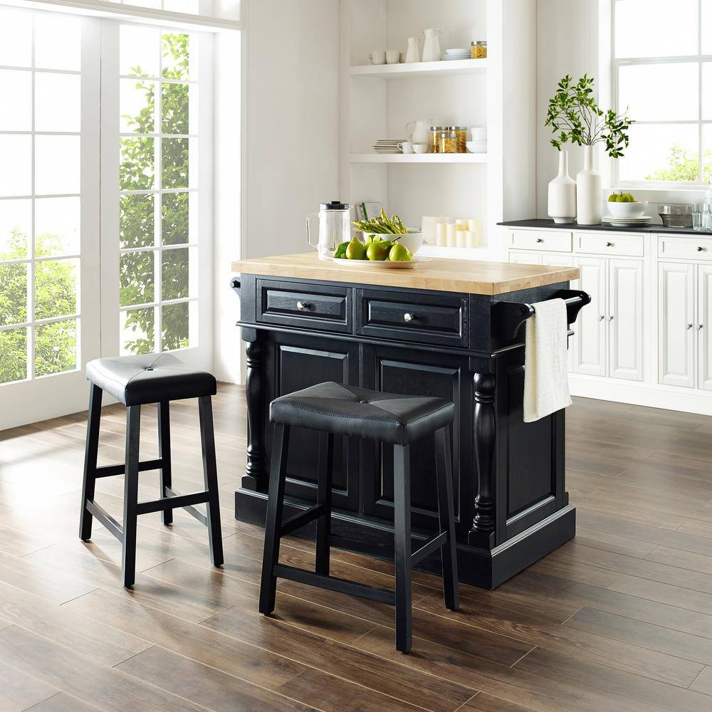 Oxford 30" Black Wood Kitchen Island with Saddle Stools