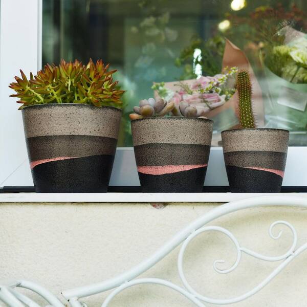 Unbranded Rustic 4/5/6 in. Mocha Mix Round Polystone Planter Plastic Flower  Pot with Textured Surface for Garden (3-Pack) GH-D-S3