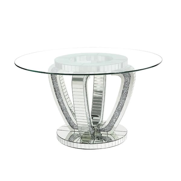 Acme Furniture Noralie Mirrored and Faux Diamonds Glass 52 in. Column Dining Table Seats 4