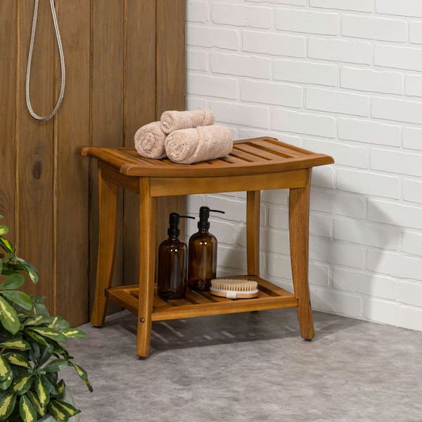 Tucker 22.05 in. Traditional Classic Slatted Solid Acacia Wood Indoor/Outdoor Shower Bench w/ Shelf & Handle, Natural