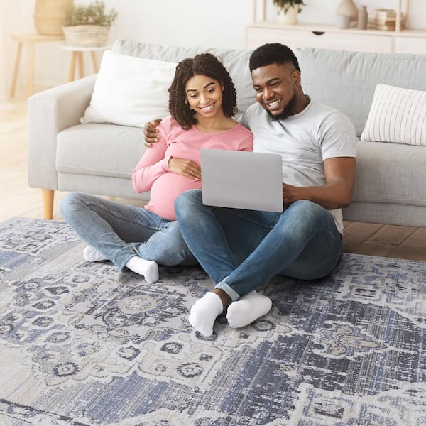 7 X 10 Cream Blue Abstract Washable Area Rug for Bedroom, Dining Room, Living Room