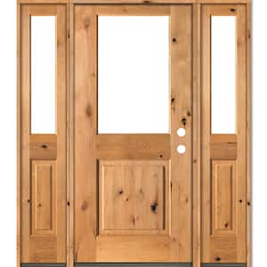 60 in. x 80 in. Rustic Knotty Alder Wood Clear Half-Lite Clear Stain Left Hand Single Prehung Front Door/Sidelites