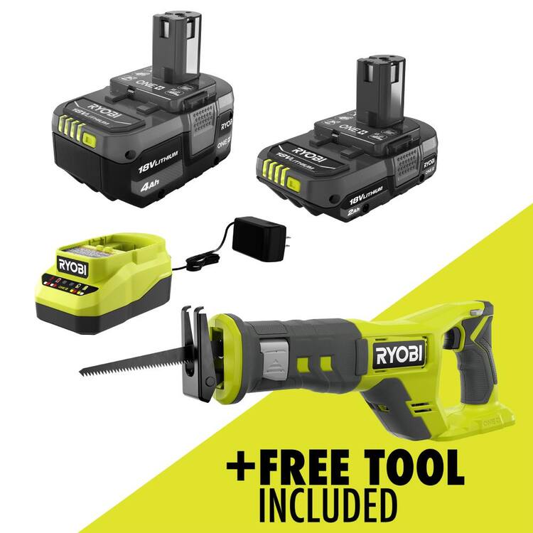 RYOBI ONE+ 18V Lithium-Ion Kit with 2.0 Ah and 4.0 Ah Batteries, Charger with FREE ONE+ 18V Cordless Reciprocating Saw