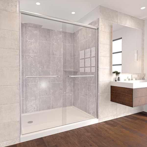 Platinum Grey-Rainier 60 in. x 34 in. x 83 in. Base/Wall/Door Rectangular Alcove Shower Stall/Kit Chrome Center