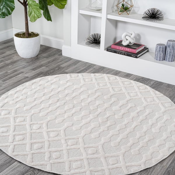 JONATHAN Y Peralta Ivory 5 ft. Round Moroccan Diamond Indoor/Outdoor Area Rug