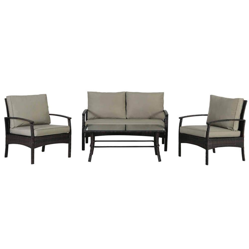 Brown 4-Piece Patio Sectional Wicker Rattan Outdoor Chair with Coffee Table
