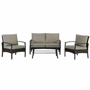 Brown 4-Piece Patio Sectional Wicker Rattan Outdoor Chair with Coffee Table with Khaki Cushions Set for Patio, Yard