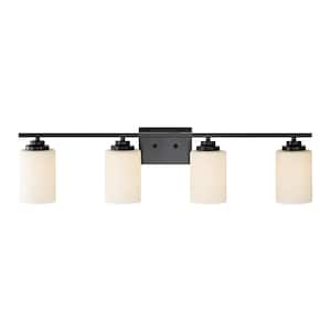 Aliana 31 in. 4-Light Matte Black Modern Vanity Light with Etched White Glass Shades