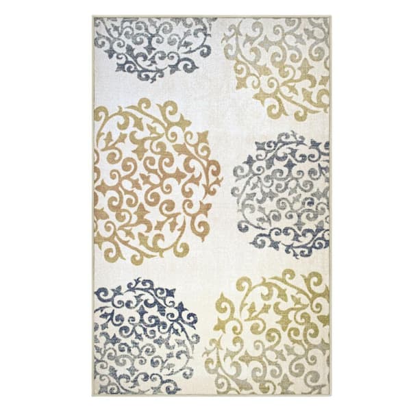 SUPERIOR Amber Ivory 2 ft. x 3 ft. Non-Slip Traditional Floral Medallion Nylon Area Rug
