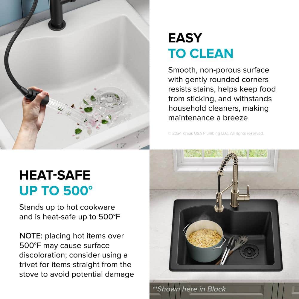 25" White Granite Single Bowl Drop-In Kitchen Sink