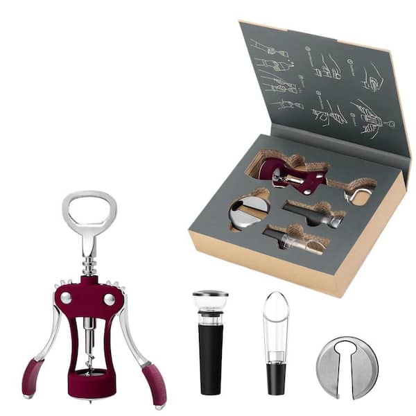 Multifunctional Wine Bottle Opener Set with Wing Corkscrew, Foil Cutter, Vacuum Stopper and Aerator Pourer, Red