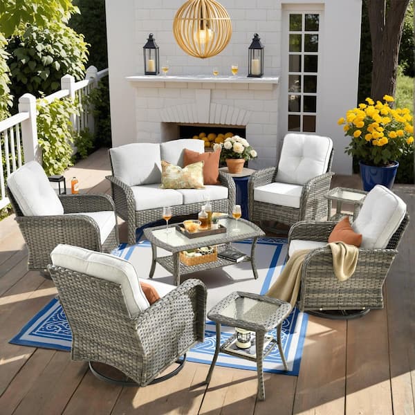 Denali Gray 8-Piece Wicker Patio Conversation Sofa Seating Set with Swivel Rocking Chairs and Light Gray Cushions