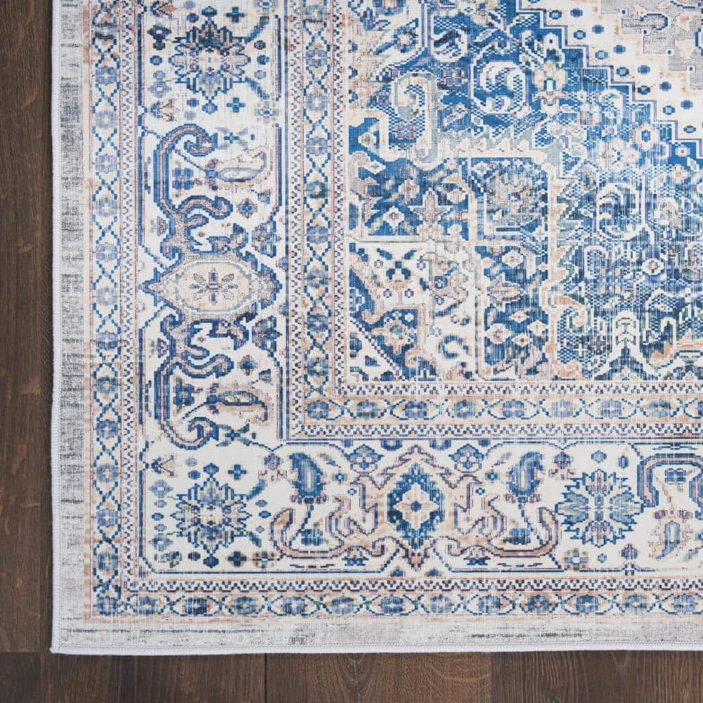 Beige Blue Floral Synthetic Flatweave Runner Rug