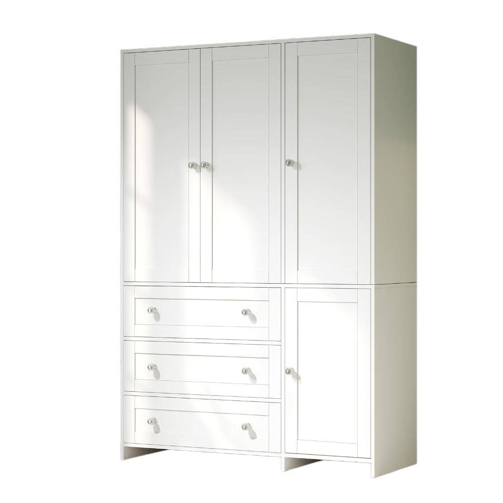 18.9"D x 47.3"W x 71"H White Armoire Wardrobe Closet with Drawers and Mirror, Clothing Storage Cabinet with Hanging Rod