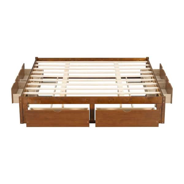 Walnut Brown Bed Frame Queen Size Platform Bed with 6 Storage Drawers, Pine Wood Storage Bed, Low Profile