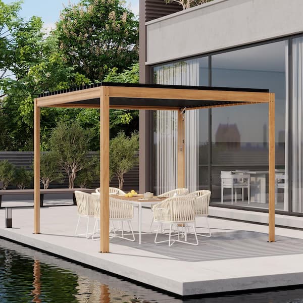 10 ft. x 10 ft. Wood Grain Aluminum Frame Outdoor Patio Louvered Pergola with Adjustable Shade Roof