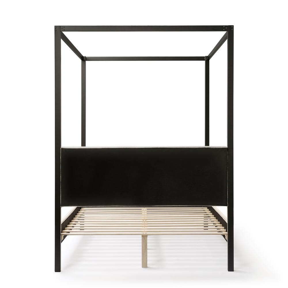 White Queen Canopy Bed with Upholstered Headboard and Wood Frame