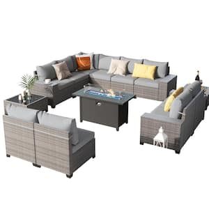 OC Orange Casual 12-Piece Wicker Outdoor Conversation Set with Fire Pit Table Grey Cushions