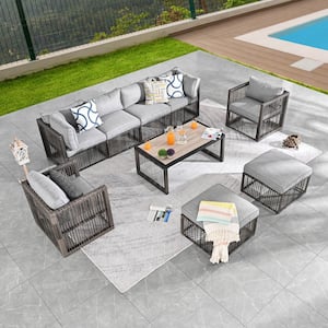 9-Piece Wicker Patio Conversation Deep Seating Set with Gray Cushions