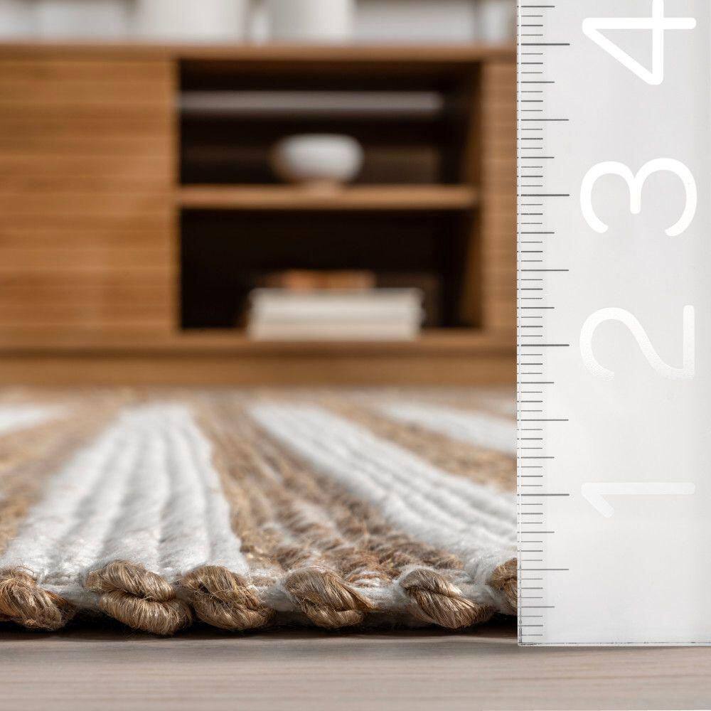Natural Tan and White Striped Cotton Jute Rug, 4' x 6'