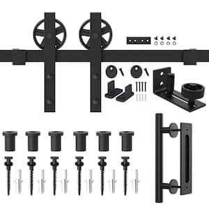 96 in. Frosted Black Steel Sliding Barn Door Track and Hardware Kit with Handle Set