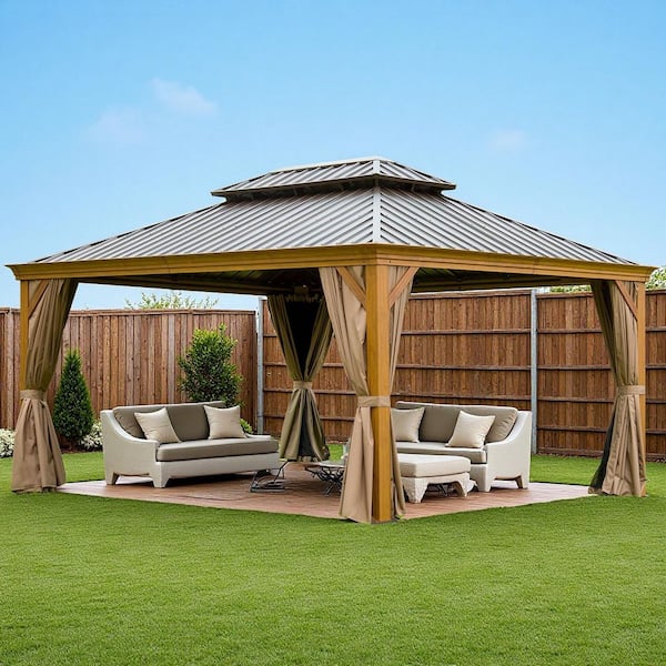 12 ft. x 16 ft. Yellow Brown Outdoor Aluminum Gazebo with Galvanized Steel Double Canopy and Curtains and Netting
