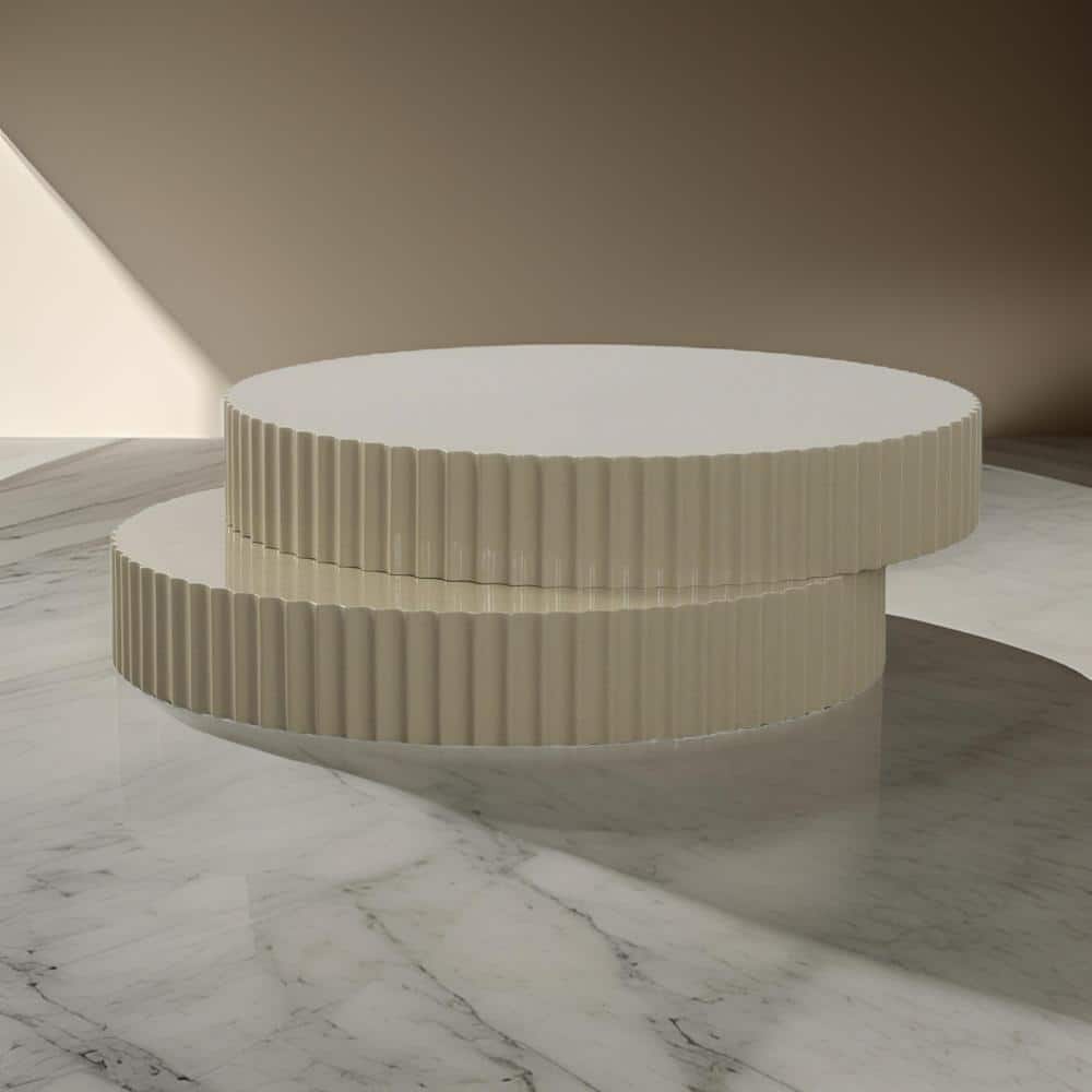 Taupe Gray Round MDF Coffee Table with Fluted Accent