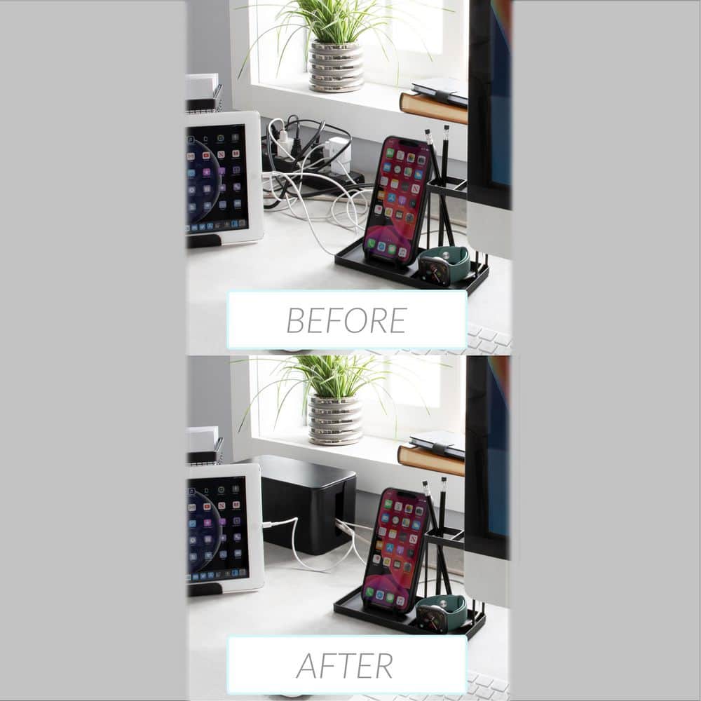 Black Rectangular Lidded Cable Organizer Storage Bin Set