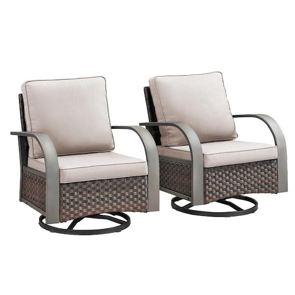 Iron Bend Series 2-Pack Brown Wicker Outdoor Glider Rocking Chair with CushionGuard Beige Cushions