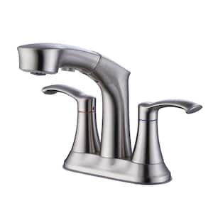 Mondawell Pull Out Spray 4 in. Centerset Double-Handle High Arc Bathroom Faucet with Pull Out Spray in Brushed Nickel