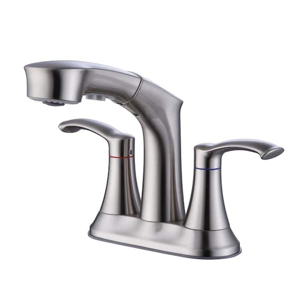 Mondawe Mondawell Pull Out Spray 4 in. Centerset Double-Handle High Arc Bathroom Faucet with Pull Out Spray in Brushed Nickel