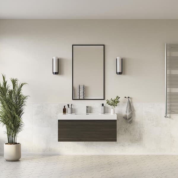 Mezzo 48 in. Modern Wall Hung Bath Vanity in Gray Oak with Vanity Top in White with White Basin