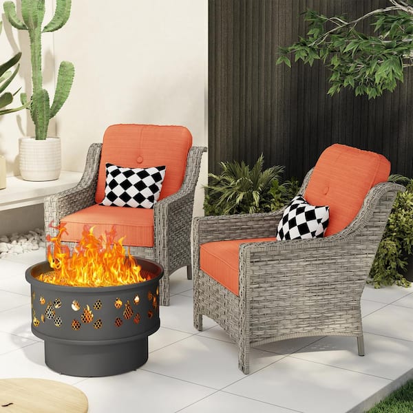 XIZZI Iris 3-Piece Wicker Outdoor Patio Conversation Sofa Seating Set with a Wood-Burning Fire Pit and Orange Red Cushions