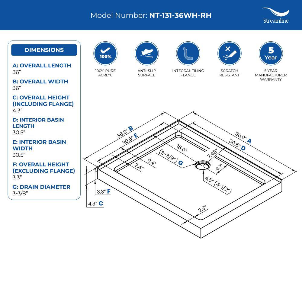 36'' White Acrylic Square Shower Base with Right Drain