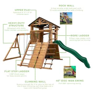Endeavor All Cedar Wood Children Swing Set Playset w/ Elevated Clubhouse Climbing Wall Swings Web Swing and Green Slide