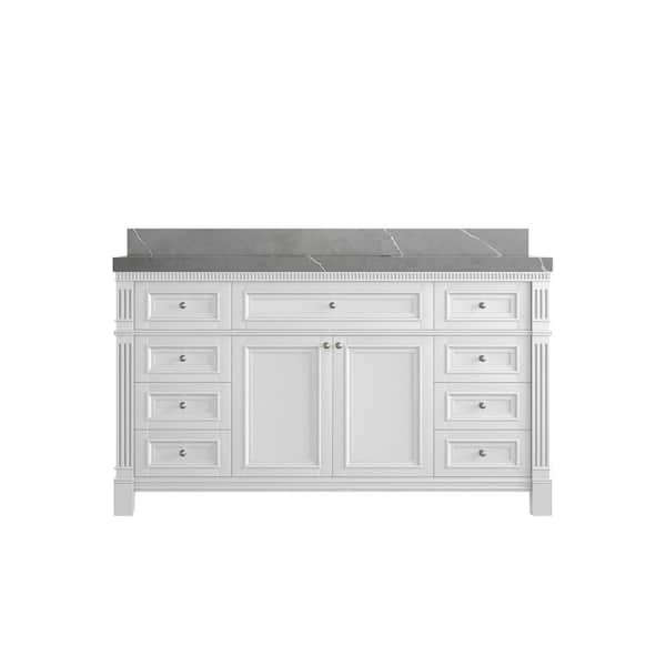 Willow Collections Paris 60 in. W x 22 in. D x 36 in. H Single Sink Bath Vanity in White with 2 in. Piatra Gray qt. Top