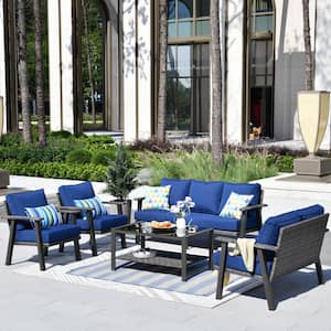 Walden Grey 5-Piece Wicker Metal Outdoor Patio Conversation Sofa Set with a Coffee Table and Navy Blue Cushions