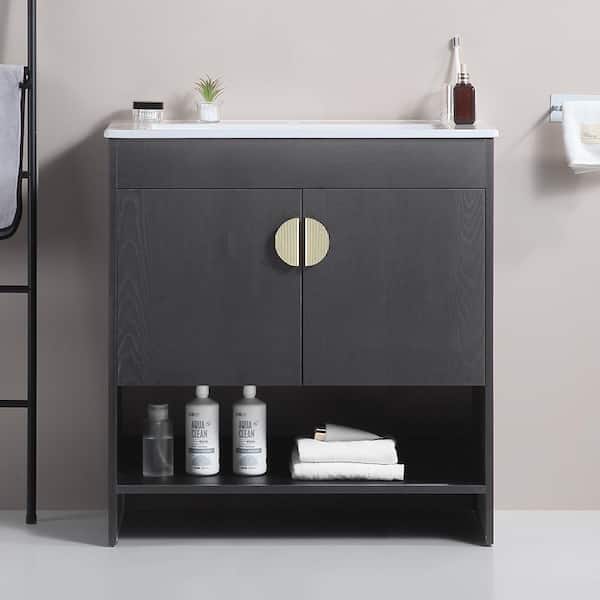 Unbranded 30 in. W x 18 in. D x 32 in. H Freestanding Bathroom Vanity in Black with 2-Cabinet Doors with White Ceramic Basin Top